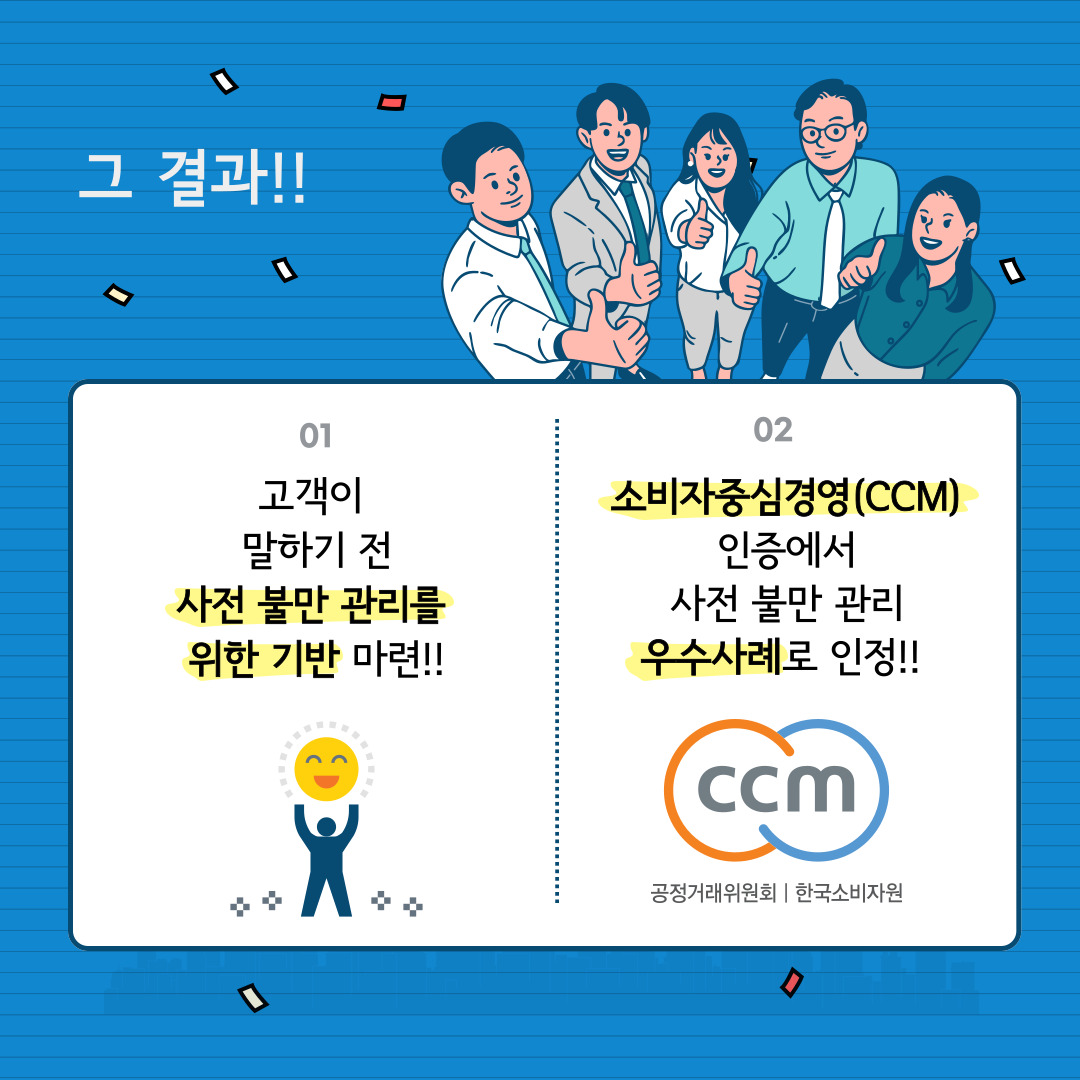 그 결과!!  01 고객이 말하기 전 사전 불만 관리를 위한 기반 마련!!  02 소비자중심경영(CCM)인증에서 사전 불만 관리 우수사례로 인정!!