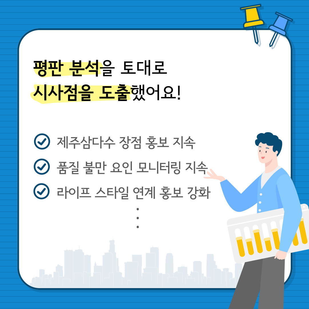 평판 분석을 토대로 시사점을 도출했어요!  제주삼다수 장점 홍보 지속, 품질 불만 요인 모니터링 지속, 라이프 스타일 연계 홍보 강화