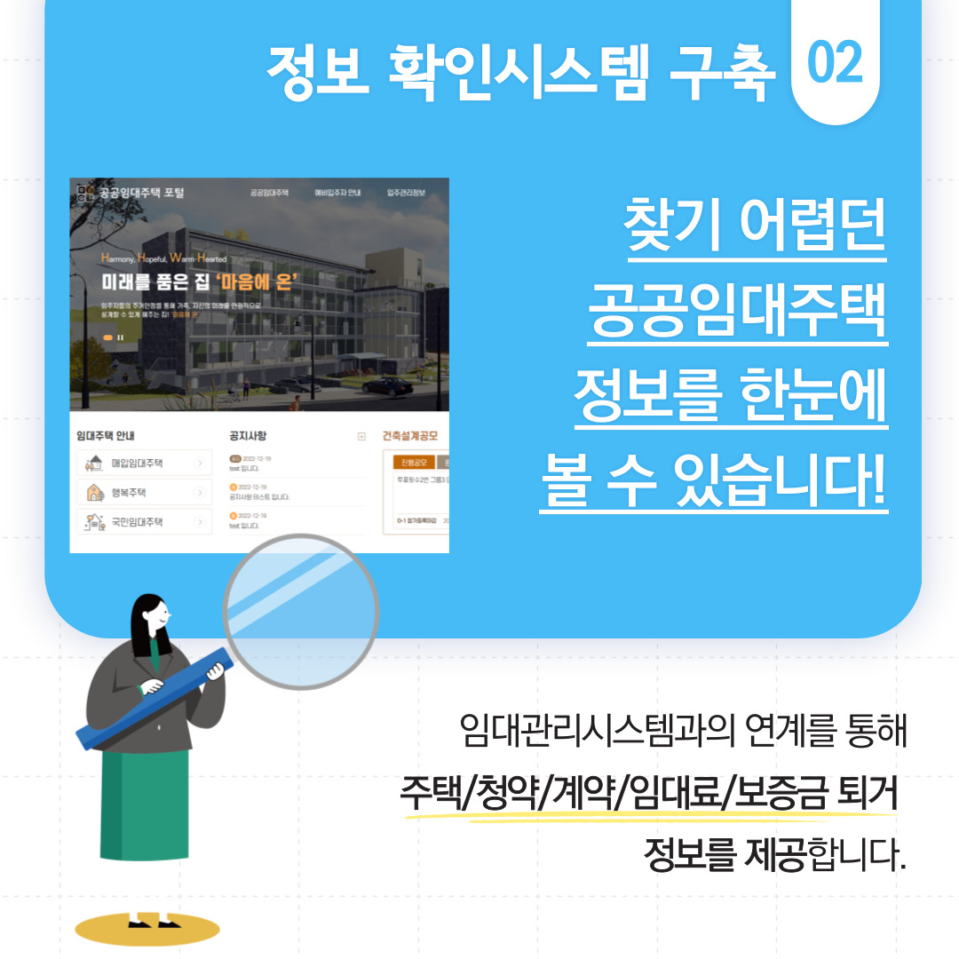 02 정보 확인시스템 구축  찾기 어렵던 공공임대주택 정보를 한눈에 볼 수 있습니다!  임대관리시스템과의 연계를 통해 주택/청약/계약/임대료/보증금 퇴거 정보를 제공합니다.