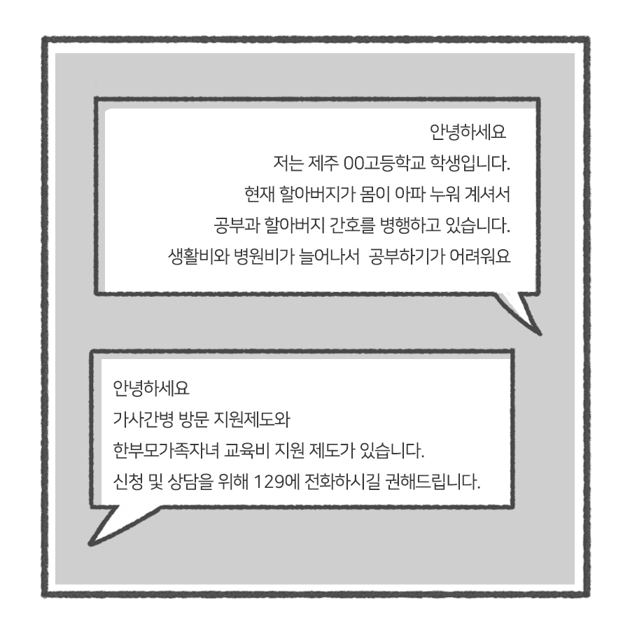 안녕하세요
저는 제주 00고등학교 학생입니다.
현재 할아버지가 몸이 아파 누워 계셔서
공부과 할아버지 간호를 병행하고 있습니다.
생활비와 병원비가 늘어나서 공부하기가 어려워요

안녕하세요
가사간병 방문 지원제도와
한부모가족자녀 교육비 지원 제도가 있습니다.
신청 및 상담을 위해 129에 전화하시길 권해드립니다.